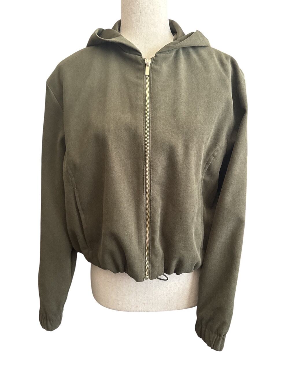 Zara Olive Green Bubble Bomber Zip Front Hoodie Jacket
